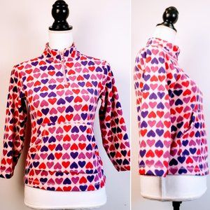 HANNA ANDERSSON Fleece Pullover Sweater, Pink Purple Hearts 1/4 Zip Pockets, 8Y
